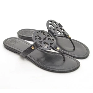 Ladies Tory Burch Miller Logo Thong Sandal 9.5 M Black Calf Leather Slides Shoes - Picture 1 of 7