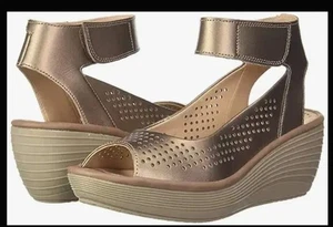 CLARKS Reedly Salene Ankle Strap Sandals 8M Pewter Metallic Leather Wedges - Picture 1 of 19