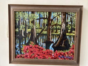 Scena Palude | DIANE LONG Dipinto Olio con Cornice Fiori Louisiana Paesaggio Arte - Foto 1 di 5