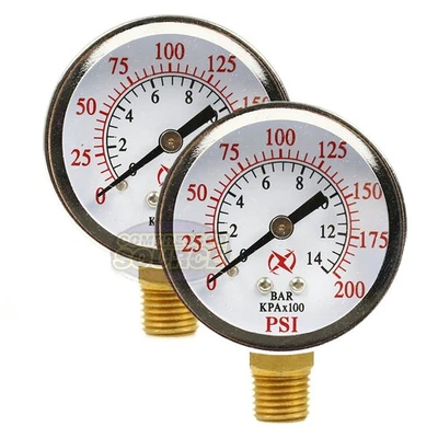 2 Air Compressor Pressure Hydraulic Gauges 2" Face Side Mount 1/4" NPT 0-200 PSI - Image 1 of 4