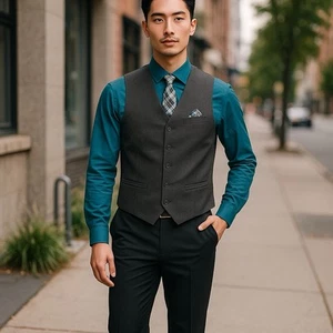 Dockers Boys 4-Piece Set Size 16 Shirt Pants Vest Tie Teal Dress Clothes LS - Picture 1 of 22