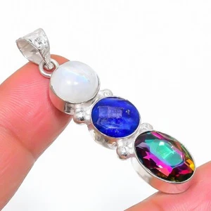 Rainbow Moonstone & Simulated Sapphire 925 Silver Plated Pendant of 1.91" - Picture 1 of 3