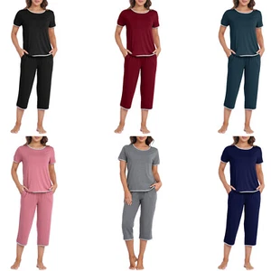 Women Capri Pajama Set 2 Piece Nightwear Bottom Pant Sleepwear Casual Home Set - Picture 1 of 95