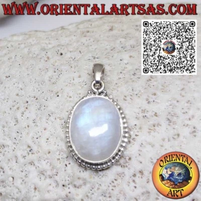 Ciondolo in argento 925‰ con pietra di luna arcobaleno ovale contornata da sfere - Immagine 1 di 4