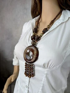 Natural Wood Brown Beaded Fringe Chunky Statement Boho Pendant Necklace 23" - Picture 1 of 7
