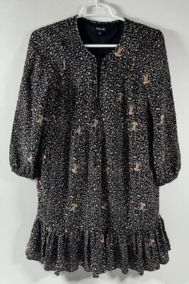 Mini Vestido Boho Madewell Talla 00 Negro Fiesta Cachemira Seda Volantes Dobladillo Manga Larga Foto 1 de 4