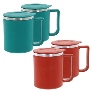 2x Coffee Mug Tea Cup Stainless Steel Double Walled Hot Drink Plastic Lid 200ml - Picture 1 of 21