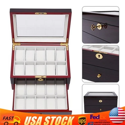 Caja de reloj de madera de 20 ranuras vitrina tapa de vidrio caja organizadora de almacenamiento de joyas + cerradura Foto 1 de 4
