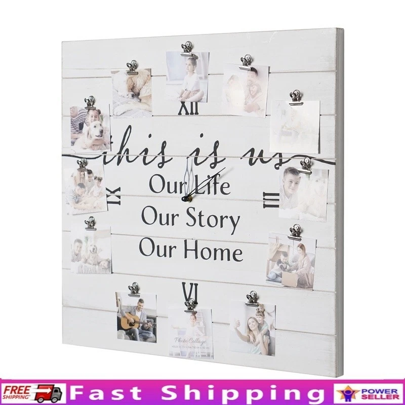 Tablón de madera blanco foto collage marco reloj 12 fotos recuerdos familiares decoración nuevo Foto 1 de 4