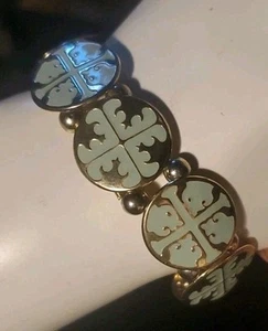 Goldtone Light Blue Tory Berch Inspired Cross Stretch Bracelet - Picture 1 of 4