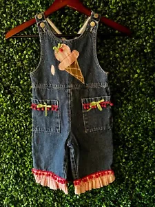 Vintage LEE Worldwide kids overalls ice cream cone ruffle pink bows denim 3T - Picture 1 of 6