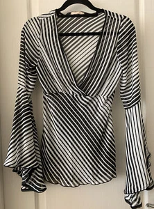 VTG  Forever 21 Black/White Sheer Stripe Babydoll Top  Bell Sleeve Made In USA M - Picture 1 of 12