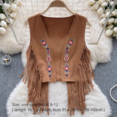 Women Ethnic Embroidered Faux Suede Waistcoat Jacket Sleeveless Cardigan Tassel - Image 1 of 4