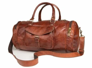 24" Men Handmade Brown Leather Retro vintage Large Round duffle travel gym bag - Picture 1 of 8