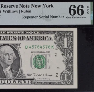 1995 $1 Federal Reserve Note PMG 66EPQ popular wanted repeater serial number - Picture 1 of 3