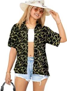 LA LEELA Women's Hawaiian Blouse Dresses Tops Vintage Shirts XXL Anchor, Black - Picture 1 of 3