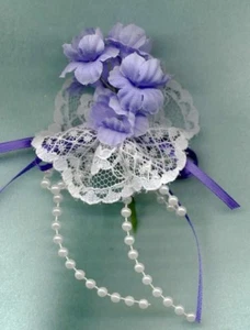  BRIDE DOLL BOUQUET - MEDIUM SIZE LAVENDER FLOWERS WHITE LACE PEARLS PURPLE RIBN - Picture 1 of 1