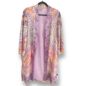 Chico's Pink/Lilac Mosaic Medallion Open Front Kimono Robe Women's Size 8/10 - Picture 1 of 12