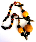 Wooden Beaded Necklace Amber Beads 18" Black Brown Yellow Different Textures