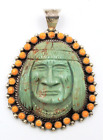 Outstanding Carved Royston Indian Chief Coral Sterling Silver Navajo Pendant