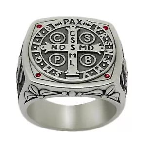 Benedikt Kreuz Medaille Silber 925 Katholisch Herren Ring Exorzismus Dämonenschutz - Bild 1 von 12