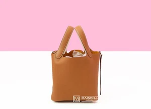 NEW HERMES GOLD BROWN NATA PICOTIN LOCK 18 PM BAG PHW HANDBAG TOTE BUCKET PURSE - Picture 1 of 2