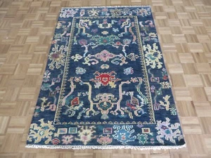 4'3 x 6'2 Hand Knotted Navy Blue Funky Oushak Oriental Rug G15267 - Picture 1 of 13