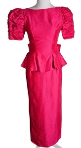 Vintage 80s Dessy Creations Hot Pink Peplum Midi Dress Size 6 Puff Sleeve Party - Picture 1 of 19