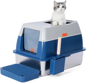 Enclosed Stainless Steel Litter Box with High Sides, Top Entry Jumbo Cat Litt... - Picture 1 of 12