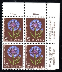 1963 Switzerland SC# B332 - Cornflower - UR Corner Block - M-NH - Picture 1 of 1