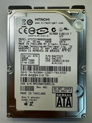 DELL UC004 HTS721060G9SA00 0A27315 60GB 7.2K RPM 1.5Gb/s Cache 8MB SATA 2.5" HDD - Image 1 of 4
