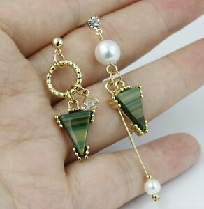 Fashion Pearl Tassel Green Triangle Asymmetrical Gold Drop Stud /Post Earring