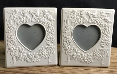 Lote de 2 marcos de fotos de corazón de porcelana marfil CO plata internacional de colección Foto 1 de 4