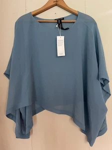 Eileen Fisher Poncho Bateau Neck Sheer 100% Silk Georgette Blue L/XL NWT - Picture 1 of 4