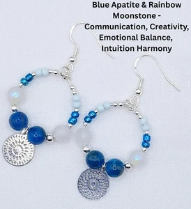 Handmade Boho Blue Apatite And Moonstone Mandala Sterling Silver Hoop Earrings - Picture 1 of 7