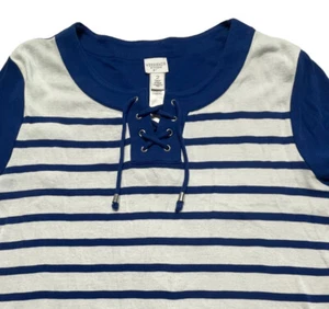 Weekends by CHICOS Top Blue White L (Chicos 2) Striped Lace Tie Pullover Shirt - Picture 1 of 8