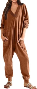 Women Loose Jumpsuits Long Sleeve V Neck Oversized Rompers Baggy Summer Overalls - Picture 1 of 17