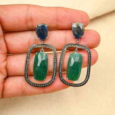 Pflastern Diamant & Smaragd, Blauer Saphir Edelstein Ohrring 925 Sterlingsilber, - Bild 1 von 4