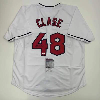 Autographed/Signed Emmanuel Clase Cleveland White Baseball Jersey JSA COA - Image 1 of 4