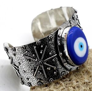925 Sterling Silver Evil Eye  Gemstone Handmade Jewelry Cuff Bracelet S-ADJ