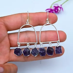 Natural Raw Amethyst Gemstone Earrings 925 Sterling Silver Handmade Jewelry Gift - Picture 1 of 5
