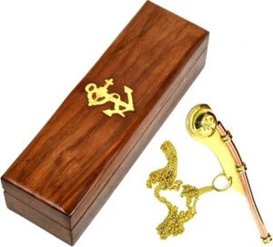 Brass & Copper whistle keyring W/Wood Box collectible marine nautical key chain - Picture 1 of 3
