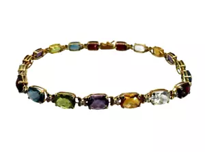 Solid 14K Yellow gold Multi Gemstone Diamond Accent Tennis Bracelet 8 Inch - Picture 1 of 10