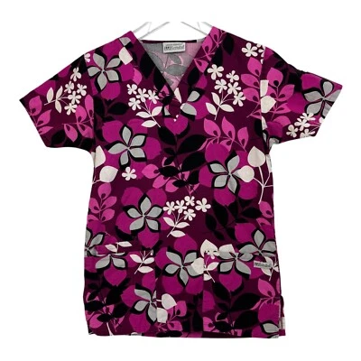 UA Scrubs Size S Scrub Top Pink And Black Flower Pattern Pockets Medical Nurse - Image 1 of 4