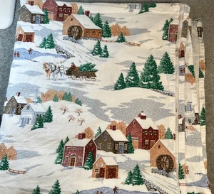 VINTAGE Flannel Sheet Set Full 82x96 Winter Village Cabin Snow Sleigh Holiday - Picture 1 of 5