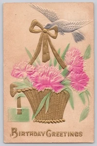 Embossed Birthday Greetings Postcard w/ Gold Basket & Pink Carnations - Picture 1 of 3