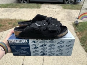 Birkenstock Arizona Fur Sandals Size 39 Women’s 8 Narrow Black Shearling Lined - Picture 1 of 14