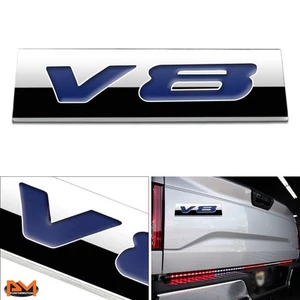 "V8" Polished Metal 3D Decal Blue Emblem For GMC/BMW/Jaguar/Audi/Toyota/Ford - Picture 1 of 2