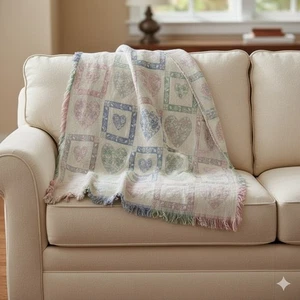 Manta de Colección Rosa Azul Años 80 Corazón Tapiz Flecos Doble Cara - Imagen 1 de 13