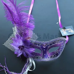 Purple Venetian Masquerade Mask w/Ostrich Feathers Party Prom Mardi Gras Wedding - Picture 1 of 3